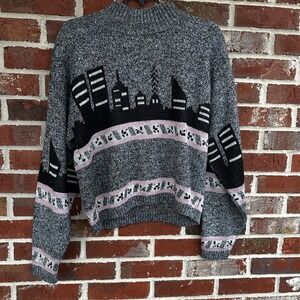 Vintage 80s city Skyline Mock Neck Sweater Women's Graphic Knit Pullover Top‎ L